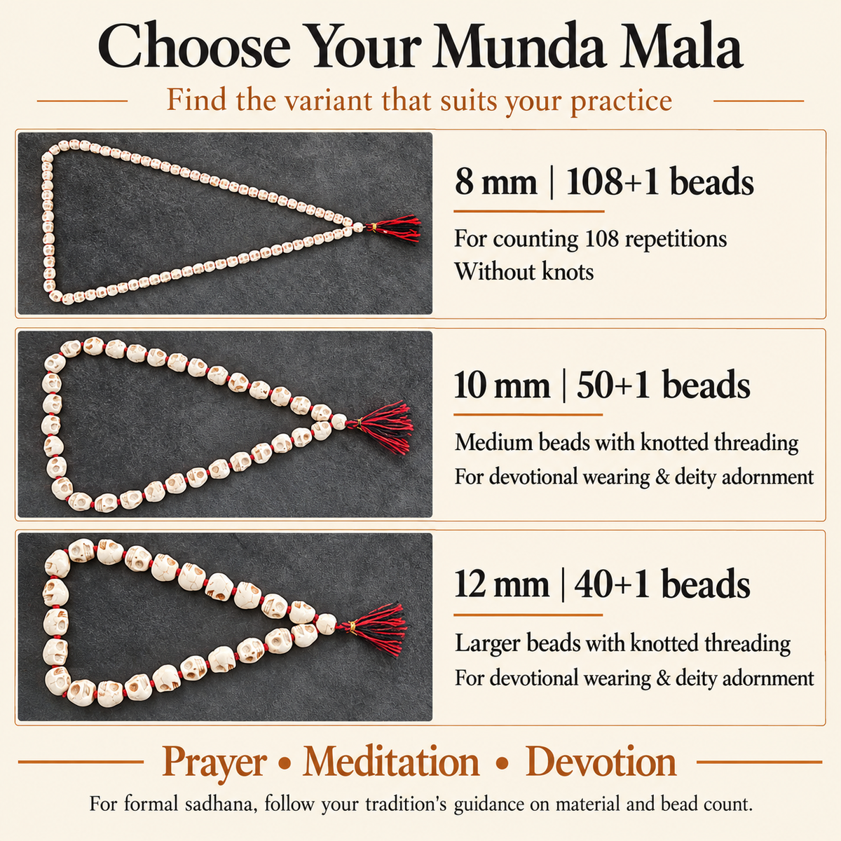 Ceramic Mund Mala for Maa Kali, Bhairava & Shiva | Narmund Kapal Mala | 8 mm, 10 mm & 12 mm