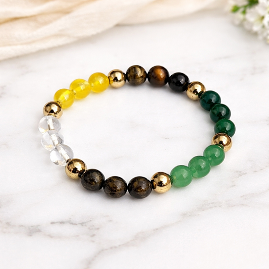 Citrine, Tiger Eye, Jade, Aventurine, Pyrite, Spahatik (Clear Quartz) and Hematite beaded bracelet on a marble surface