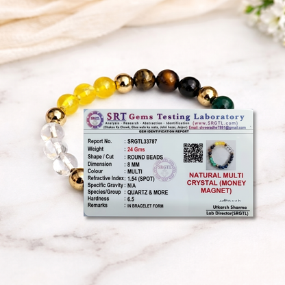 Dhan Yog bracelet with a label from SRT Gems Testing Laboratory on a marble surface.