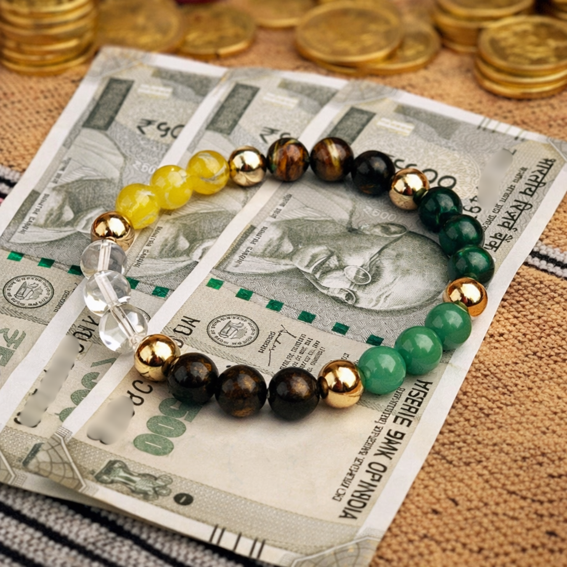 Dhan Yog Bracelet on a 500 Rupee Notes with golden coins in the background