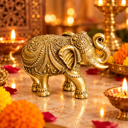 Decorative brass elephant displayed with diyas and marigold flowers in a festive home setting