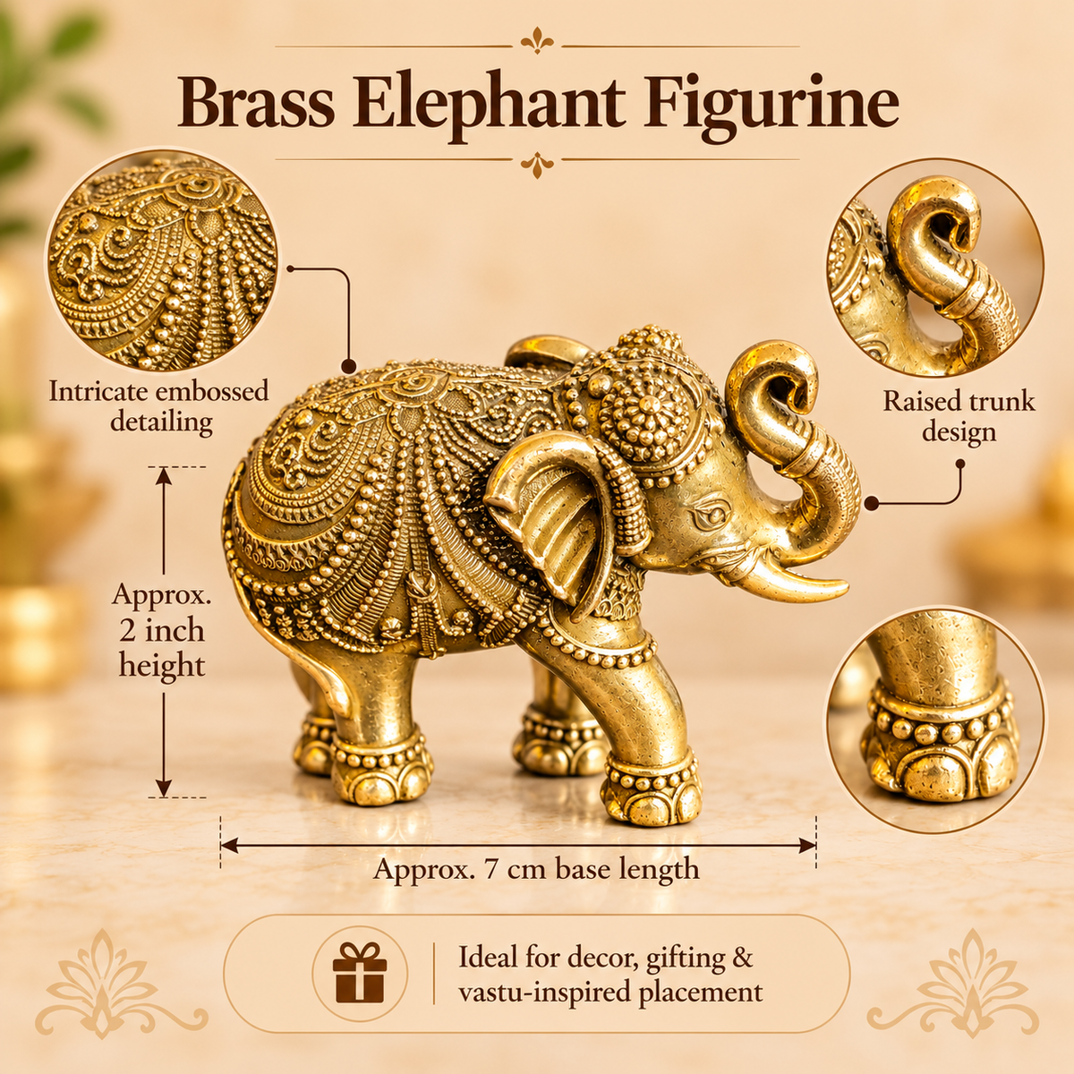 Detailed brass elephant figurine highlighting intricate carvings, raised trunk and decorated feet