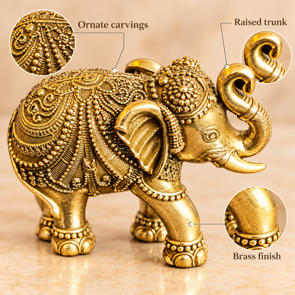 Brass elephant close-up highlighting the ornamental body design, raised trunk and metallic surface