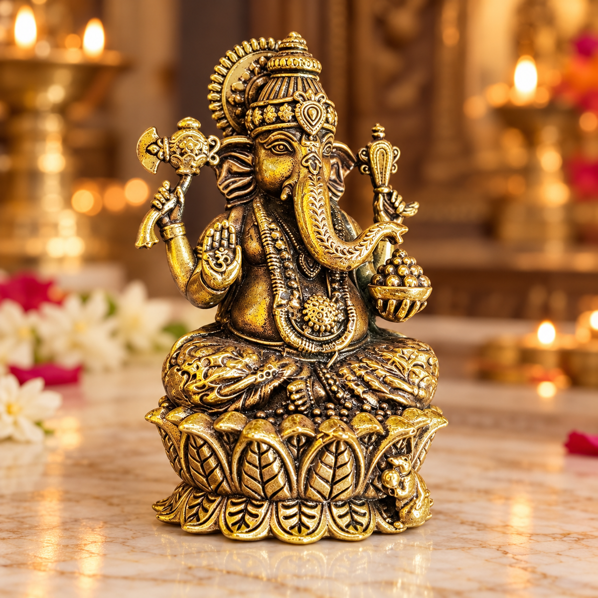 Three-quarter view of Ganesha idol highlighting intricate carvings and lotus pedestal
