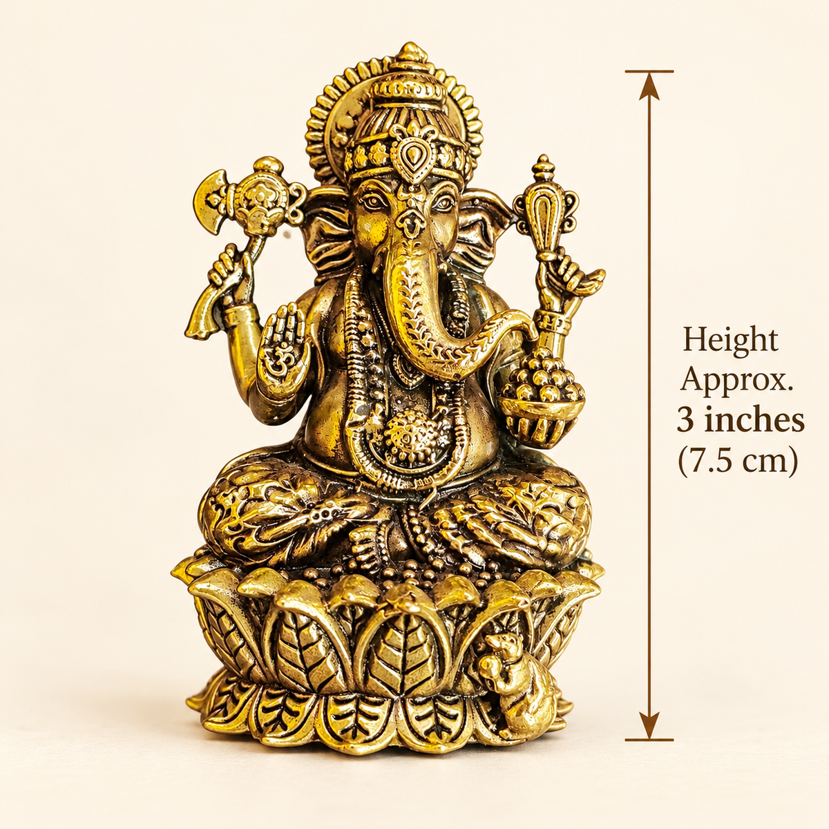 Ganesha idol with dimension arrows showing approximately 3 inches in height