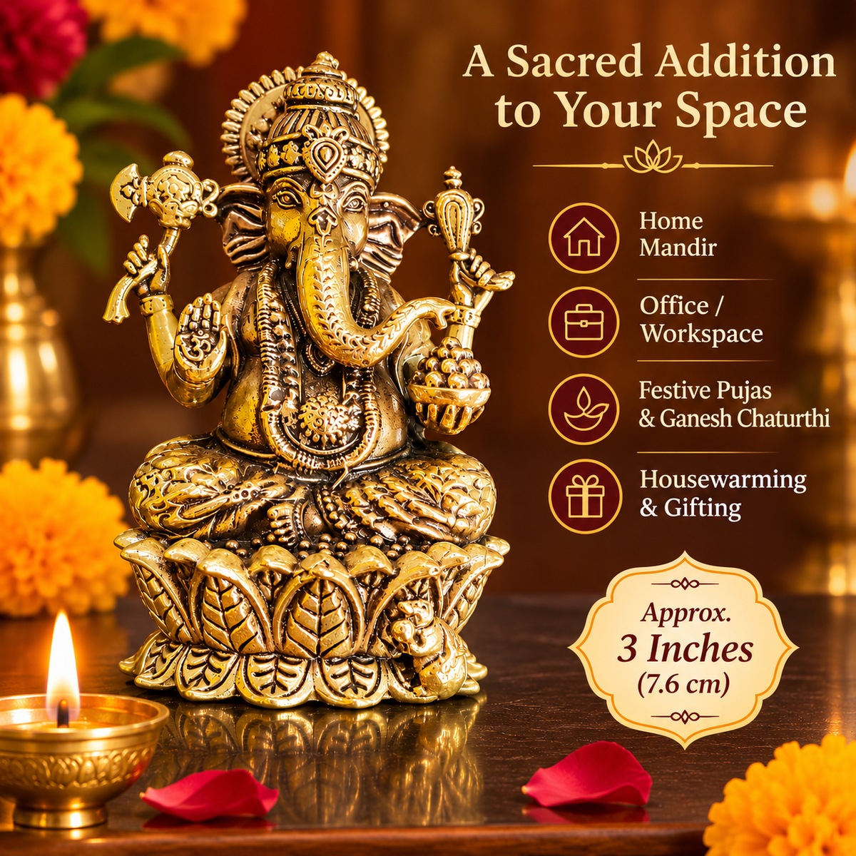 3 inch brass Ganesha idol suitable for home mandir, office desk, Ganesh Chaturthi puja and housewarming gifting.