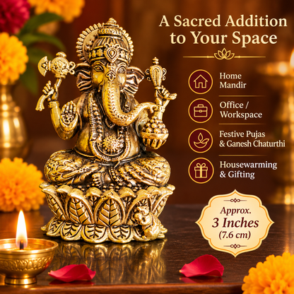 3 inch brass Ganesha idol suitable for home mandir, office desk, Ganesh Chaturthi puja and housewarming gifting.