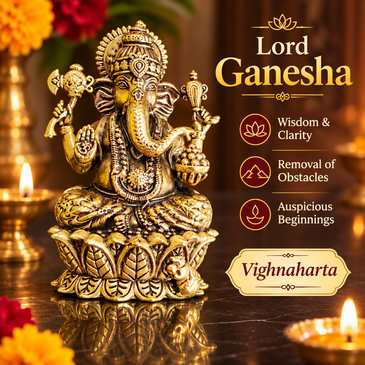 Brass Ganesha idol on lotus pedestal, symbolising wisdom, removal of obstacles and auspicious beginnings in Hindu traditions.