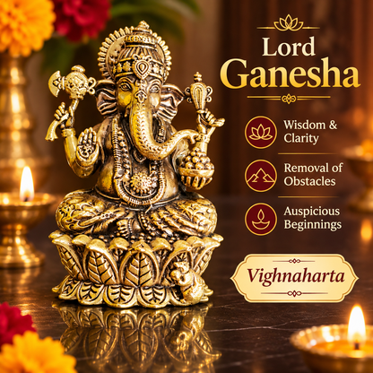 Brass Ganesha idol on lotus pedestal, symbolising wisdom, removal of obstacles and auspicious beginnings in Hindu traditions.