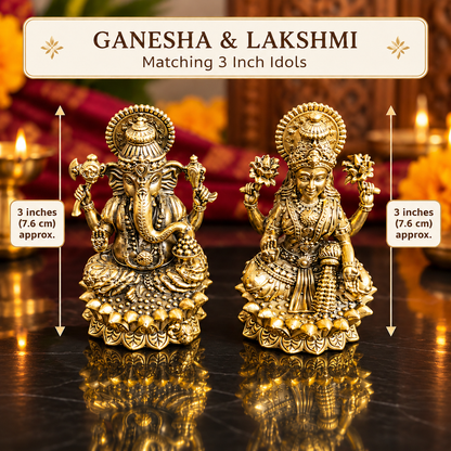 Lakshmi Ganesha idol pair in a festive Diwali setting with glowing diyas and marigold flowers
