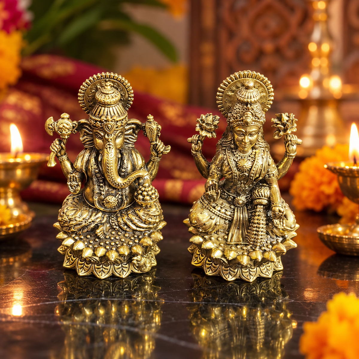 Matching golden Lakshmi and Ganesha idols seated on decorative lotus bases, front view