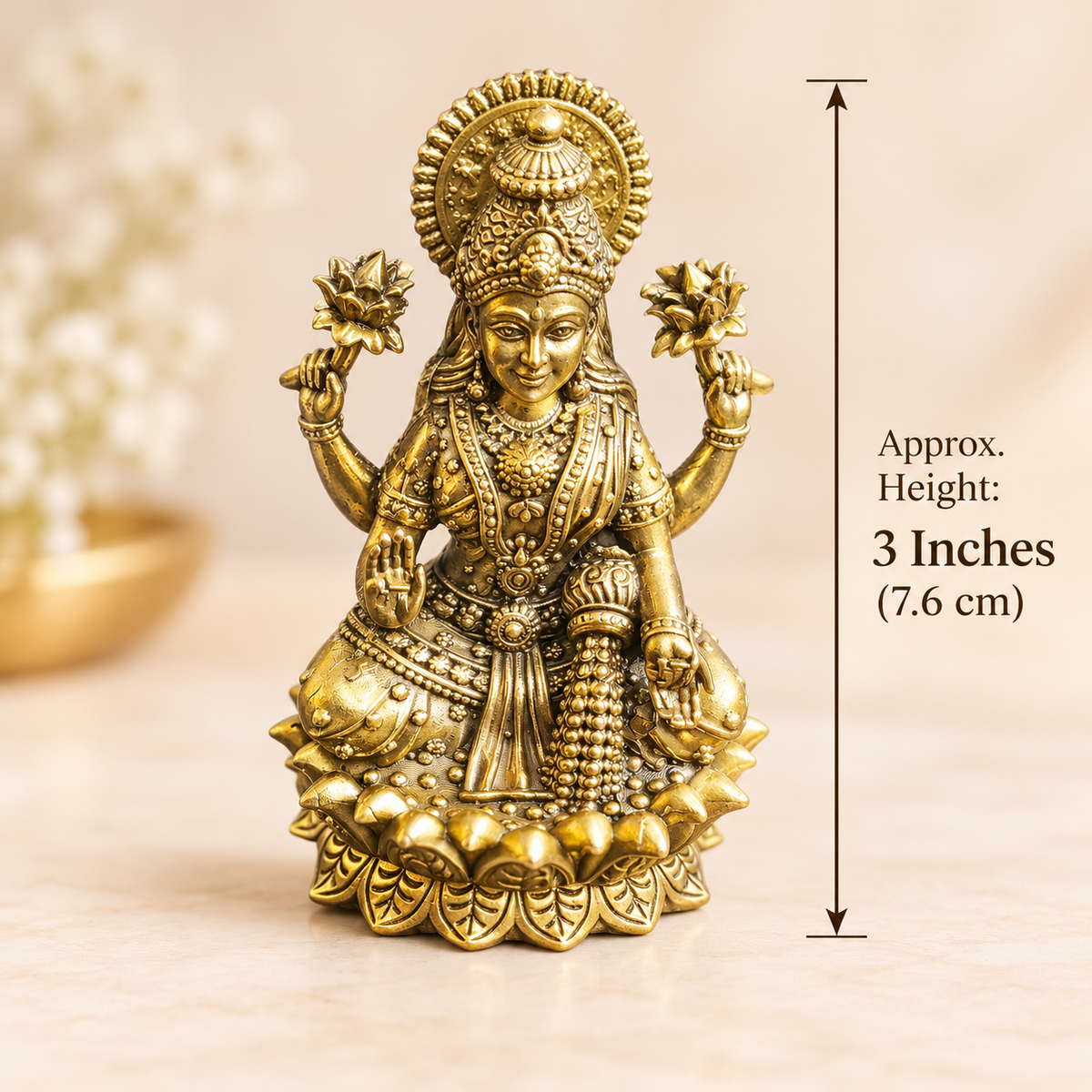 Lakshmi idol measurement guide showing approximate height of 3 inches or 7.6 cm