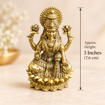 Lakshmi idol measurement guide showing approximate height of 3 inches or 7.6 cm