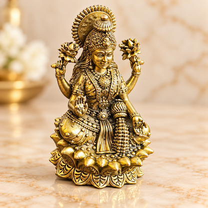 Three-quarter view of golden Lakshmi murti showing jewellery, lotus flowers and carved pedestal