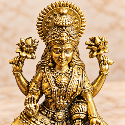 Close-up of Lakshmi idol featuring decorative crown, facial detailing and lotus flowers