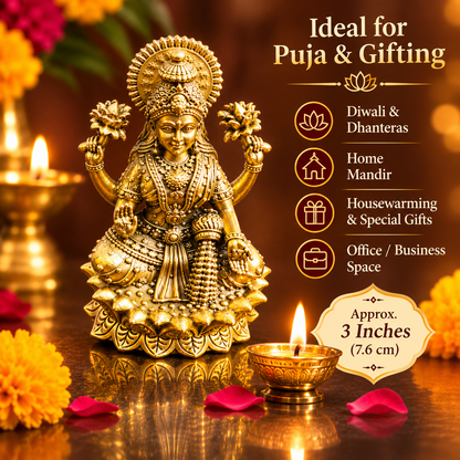 Golden Lakshmi idol on lotus pedestal, approximately 3 inches tall, displayed with a diya for Diwali, Dhanteras, home mandir and housewarming gifting.