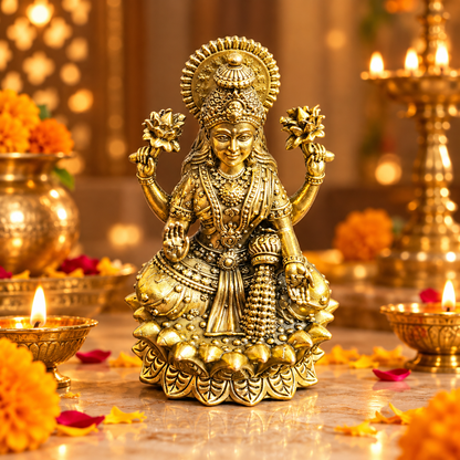 Lakshmi murti in traditional Diwali puja setting with glowing diyas and marigold flowers