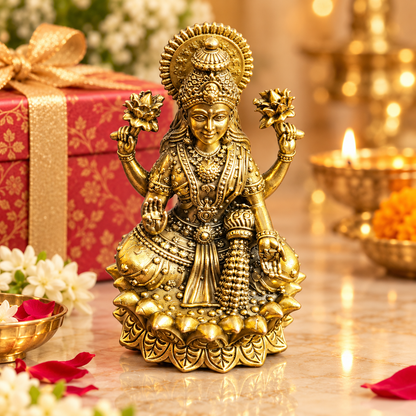 Decorative Lakshmi idol presented beside a festive gift box and flowers