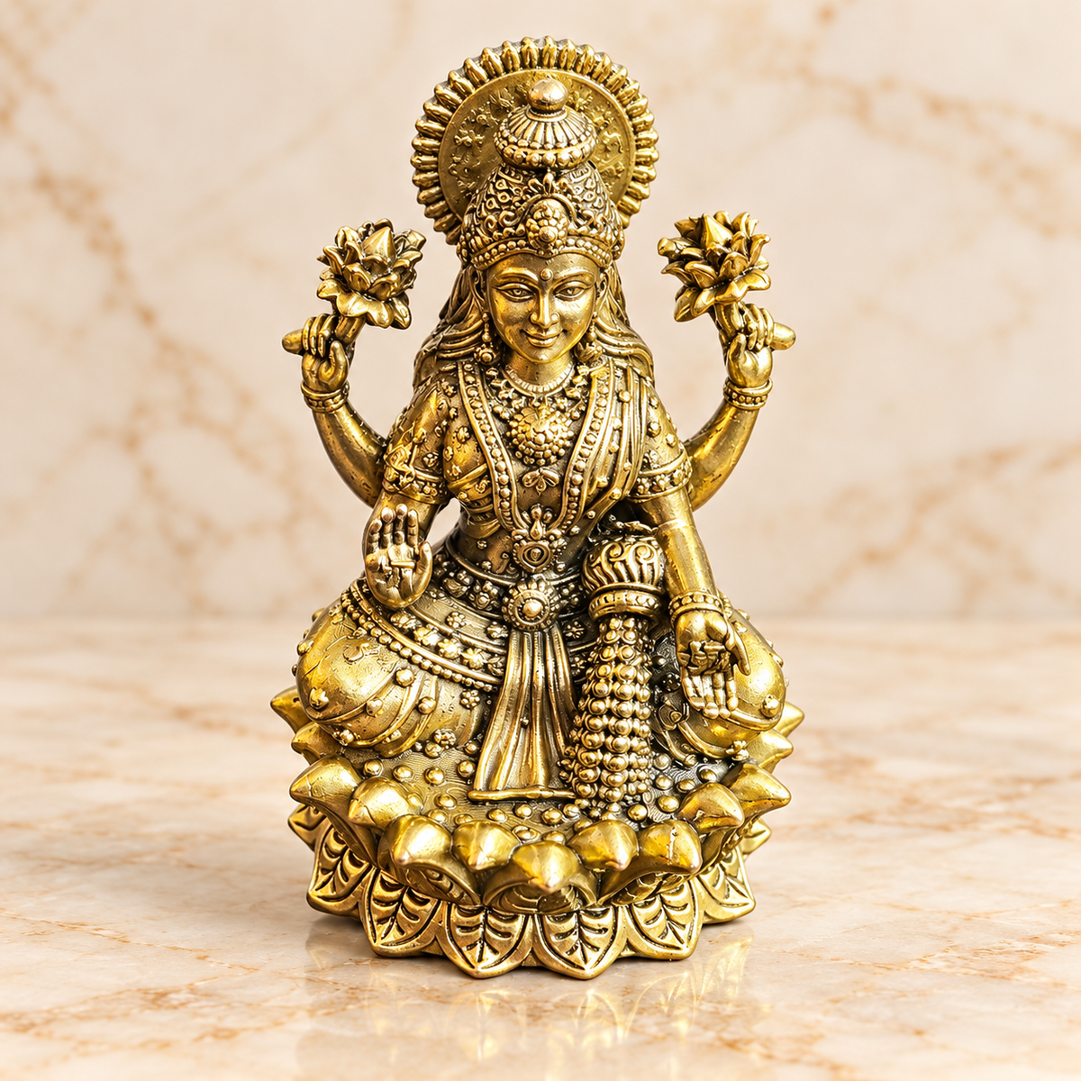 Brass Lakshmi idol seated on lotus pedestal with four arms and ornate golden crown, front view