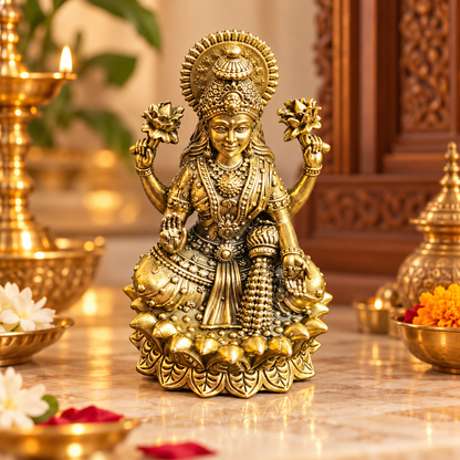 Brass-tone Lakshmi idol displayed in a home temple with flowers and devotional decorations