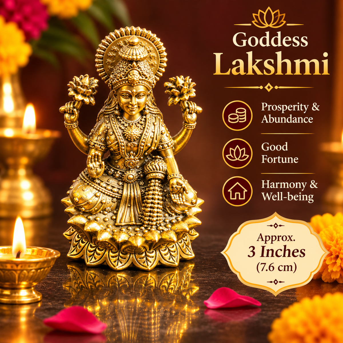 Golden brass Lakshmi idol seated on a lotus pedestal, representing traditional symbols of prosperity, abundance, good fortune and well-being.