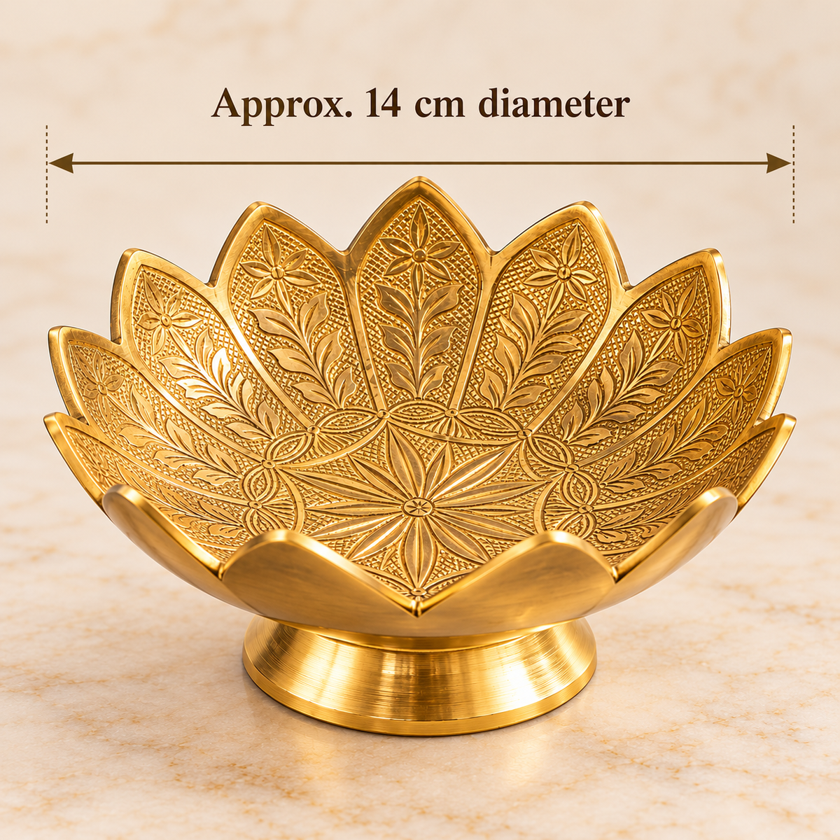 Brass lotus bowl with dimension arrows showing approximately 14 cm outer diameter