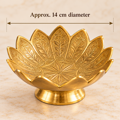 Brass lotus bowl with dimension arrows showing approximately 14 cm outer diameter
