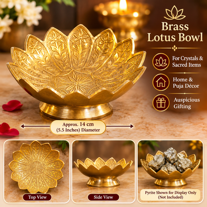 Brass lotus bowl product infographic showing engraved lotus design, 14 cm diameter, crystal display and pooja décor uses