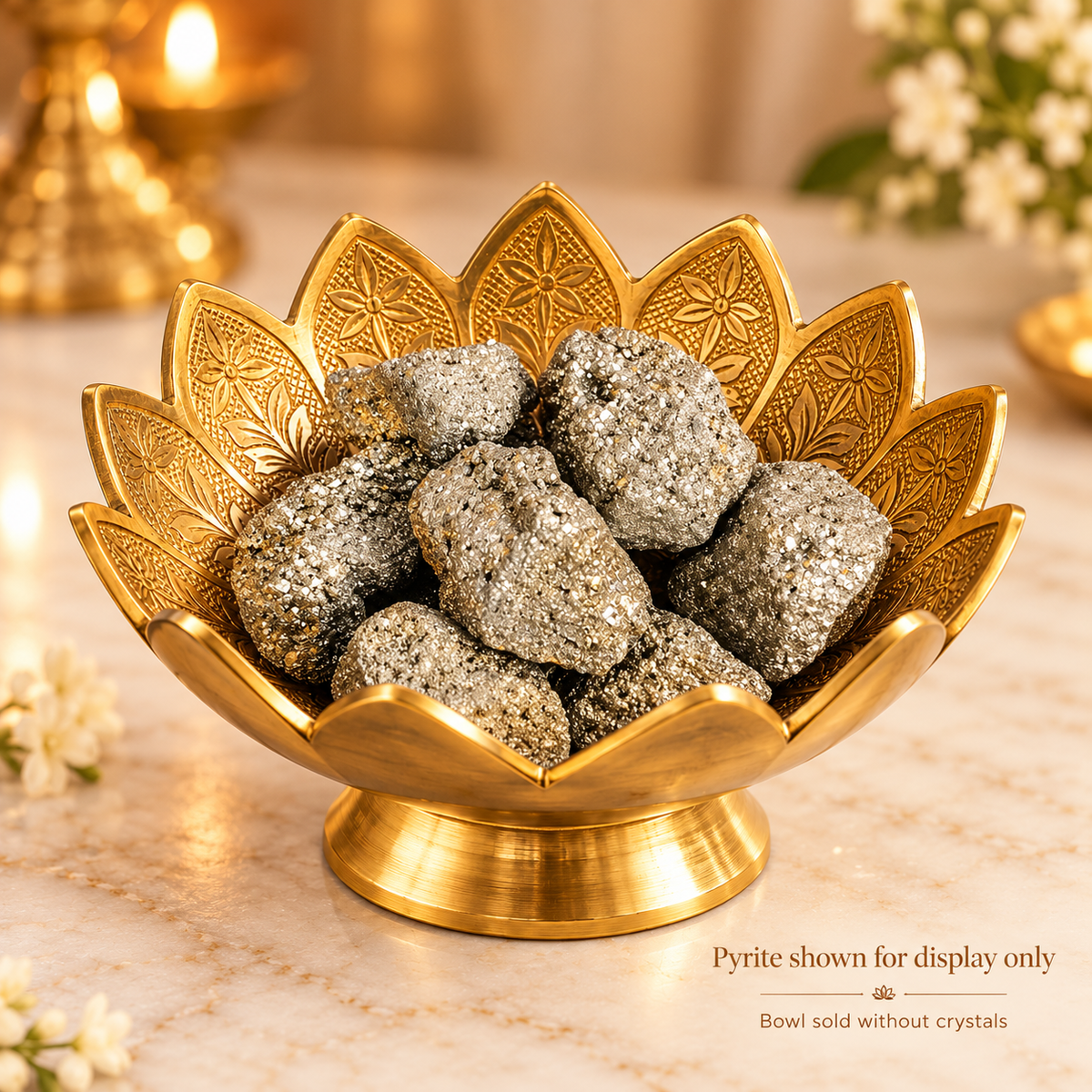 Brass lotus bowl displaying raw pyrite crystal clusters for illustration only, crystals not included