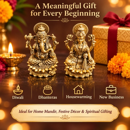 Brass Lakshmi Ganesha idol set displayed with diya, marigold flowers and festive gift box, ideal for Diwali, Dhanteras, housewarming and new business gifting.