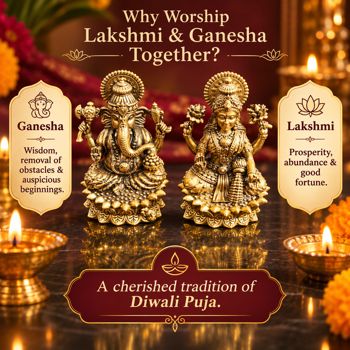 Lakshmi and Ganesha brass idols on lotus bases, symbolising wisdom, prosperity, removal of obstacles and auspicious beginnings in traditional Diwali Puja.