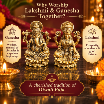 Lakshmi and Ganesha brass idols on lotus bases, symbolising wisdom, prosperity, removal of obstacles and auspicious beginnings in traditional Diwali Puja.
