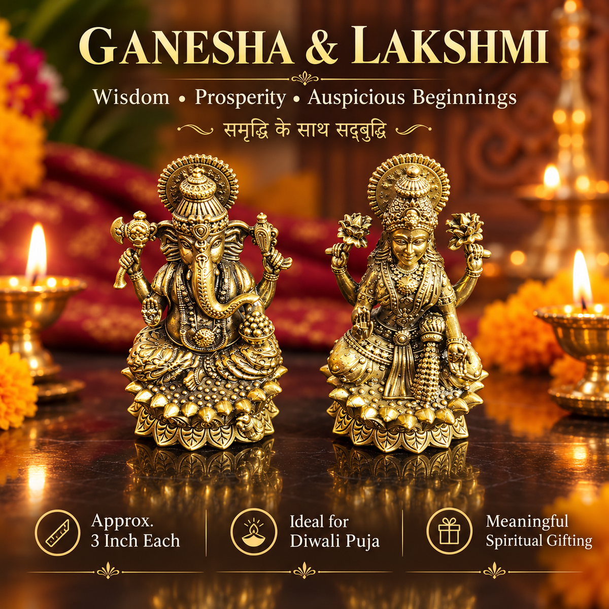 Lakshmi Ganesha idol pair representing traditional symbolism of wisdom, prosperity and auspicious beginnings.
