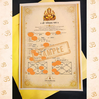 Complete handwritten Janam Kundali in Sanskrit Vedic format with Ganesh image and kundali charts by DivineRoots