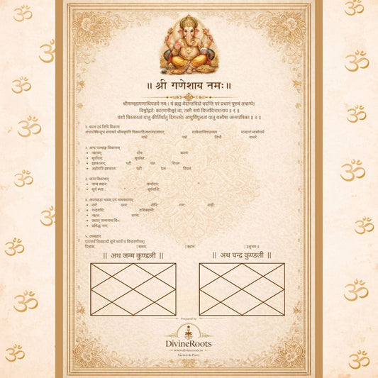 handwritten janam kundali template in traditional sanskrit vedic format with om background for newborn child by divineroots