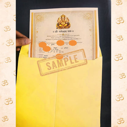 Handwritten Janam Kundali in traditional Sanskrit format partially placed inside a yellow envelope by DivineRoots