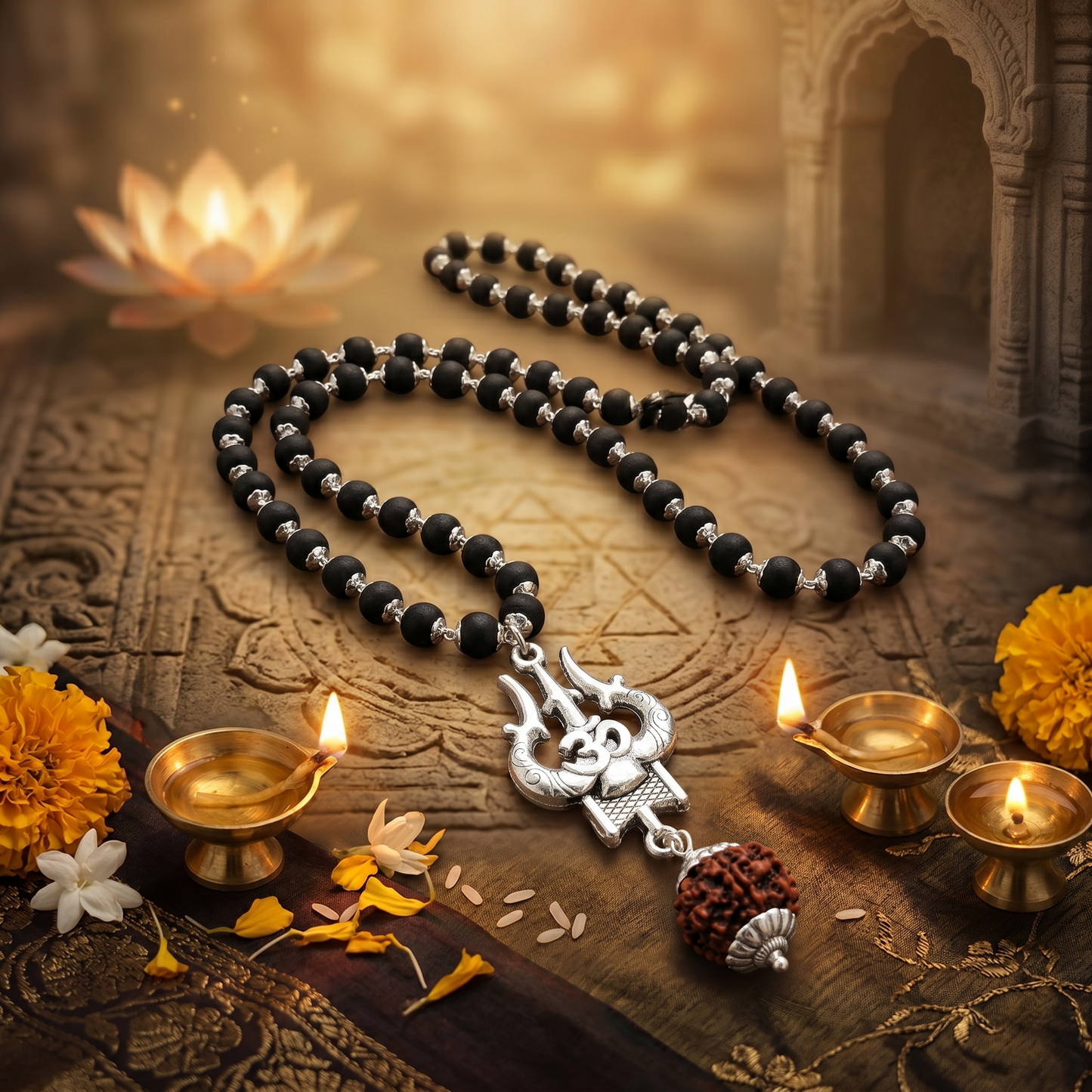 Black Karungali and silver beaded necklace with a 5 mukhi rudraksha and trishul ohm pendant on a decorative background with diya and flowers