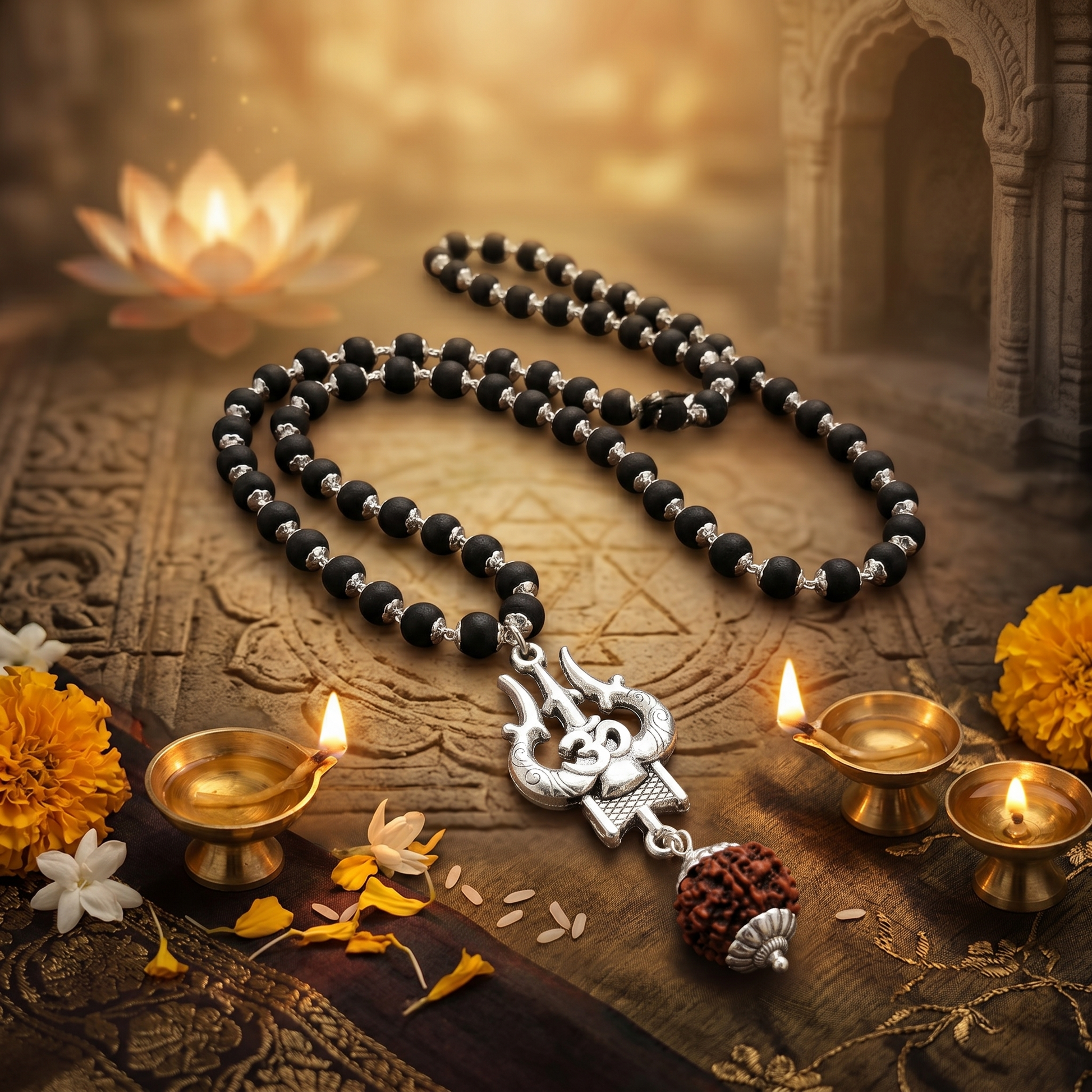 Black Karungali and silver beaded necklace with a 5 mukhi rudraksha and trishul ohm pendant on a decorative background with diya and flowers