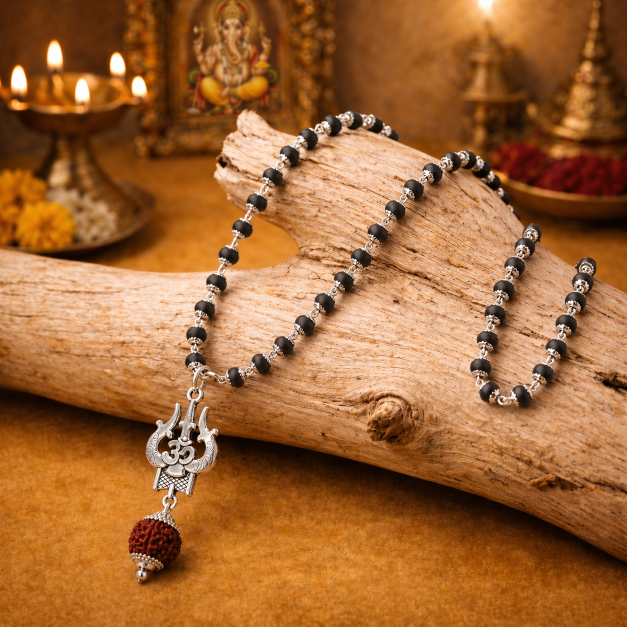 Black Karungali and silver beaded necklace with a 5 mukhi rudraksha and trishul ohm pendant on a wooden log, with candles and decorative items in the background.
