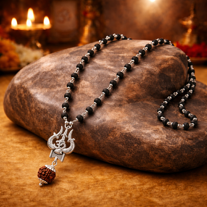 Black Karungali and silver beaded necklace with a 5 mukhi rudraksha and trishul ohm pendant on a stone surface with diya in the background.