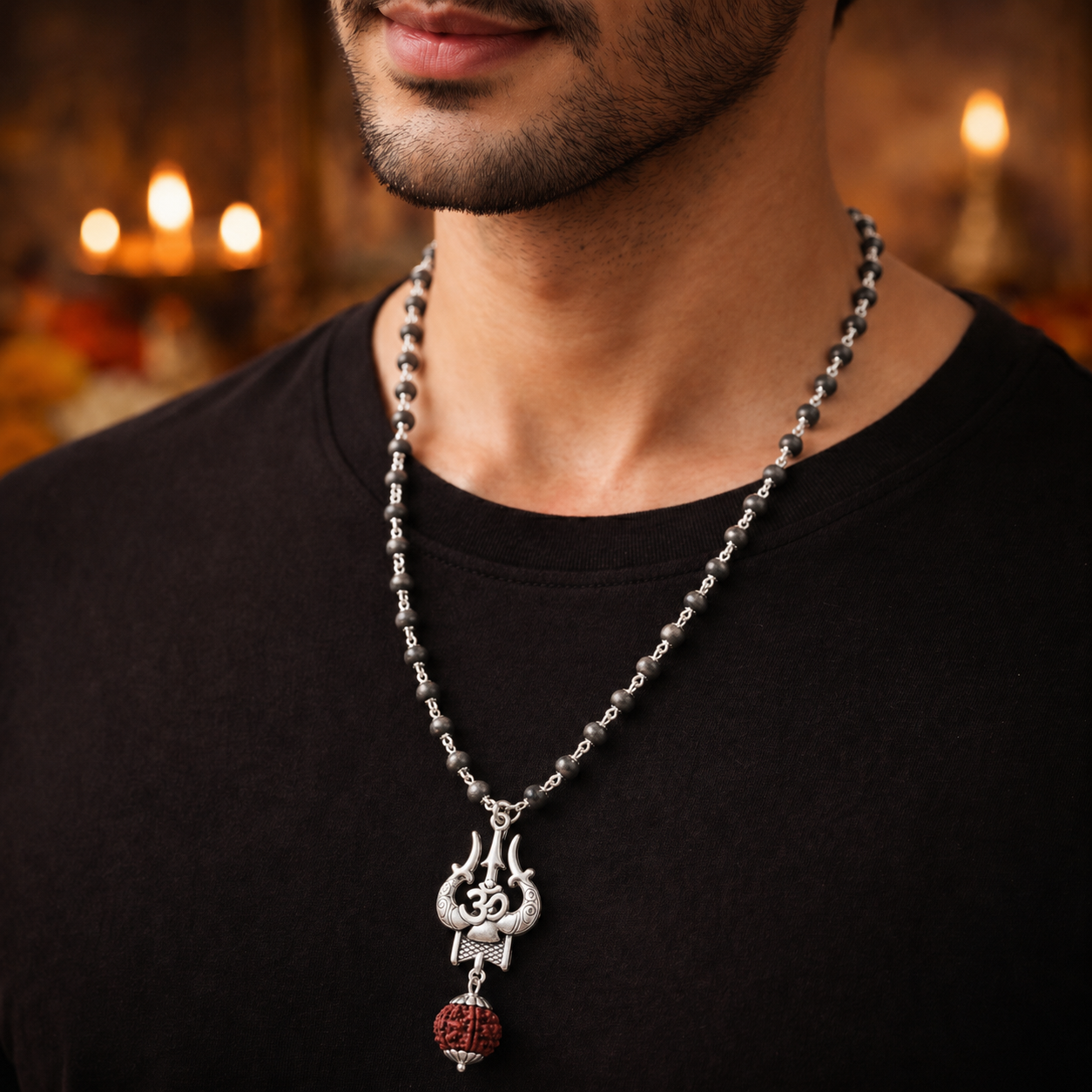 Man wearing a Black Karungali and silver beaded necklace with a 5 mukhi rudraksha and trishul ohm pendant in a warm, blurred background