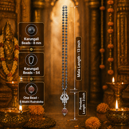 Karungali Mala with Trishul & Om Pendant and 5 Mukhi Rudraksha | Silver Plated | Shiv Protection Mala