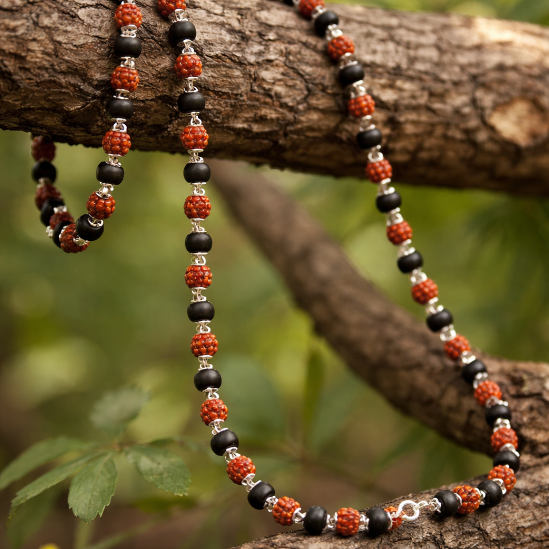 Karungali Rudraksha mala Silver Chain on a wooden branch.