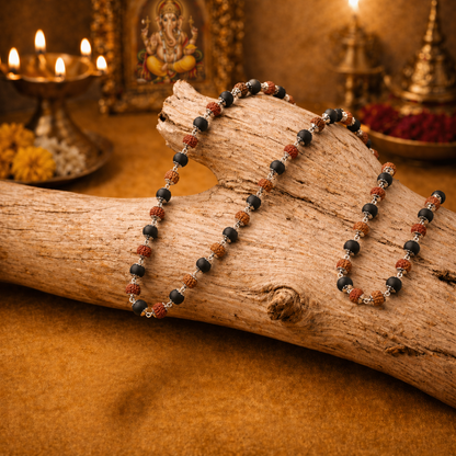 Karungali Rudraksha mala Silver Chain on a wooden log with decorative background