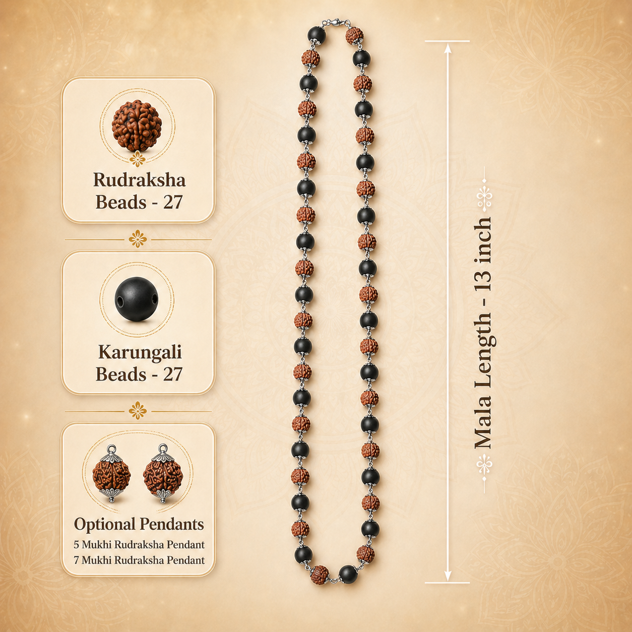 Mala necklace with Rudraksha and Karungali beads on a beige background