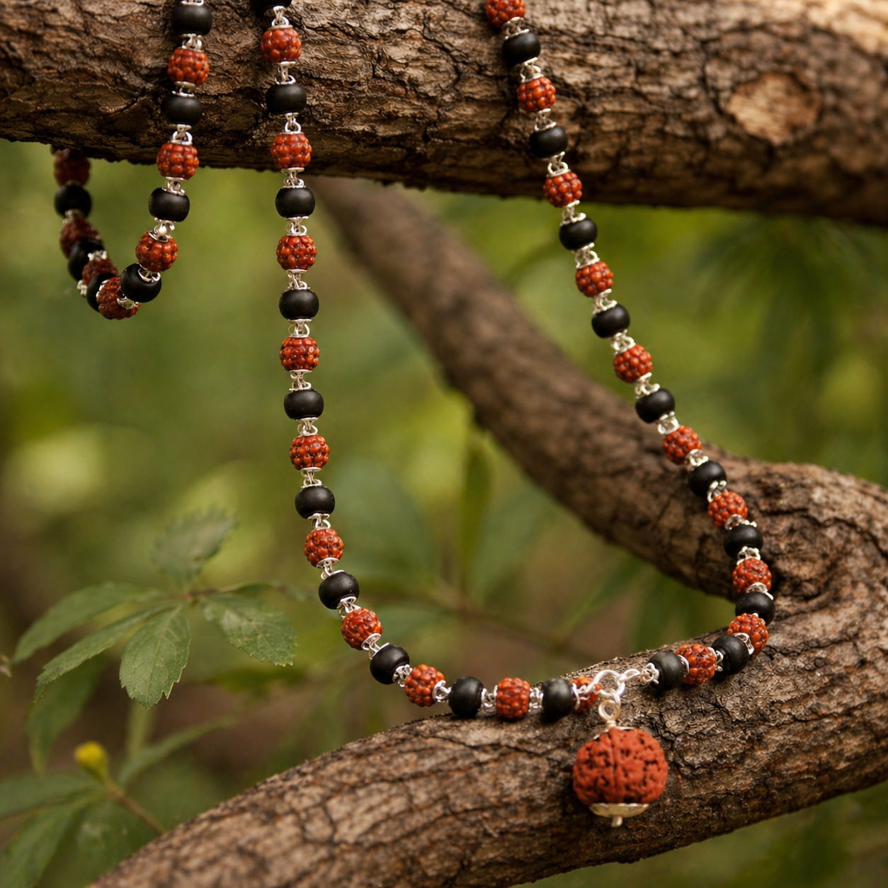 Karungali Rudraksha mala Silver Chain on a branch with green leaves in the background with 5 Mukhi Pendant