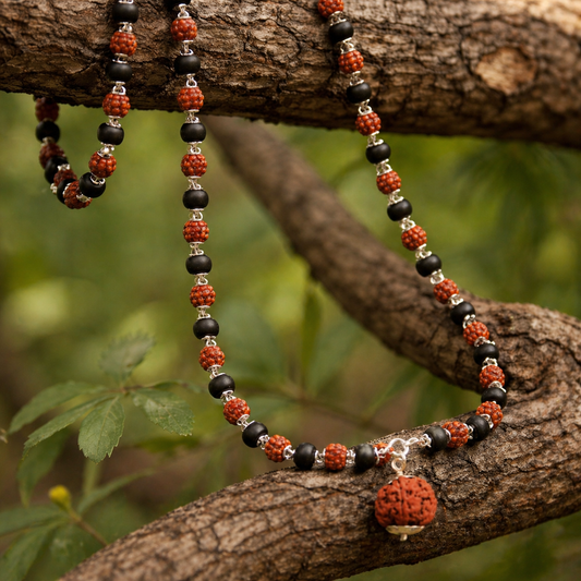 Karungali Rudraksha mala Silver Chain on a branch with green leaves in the background with 5 Mukhi Pendant
