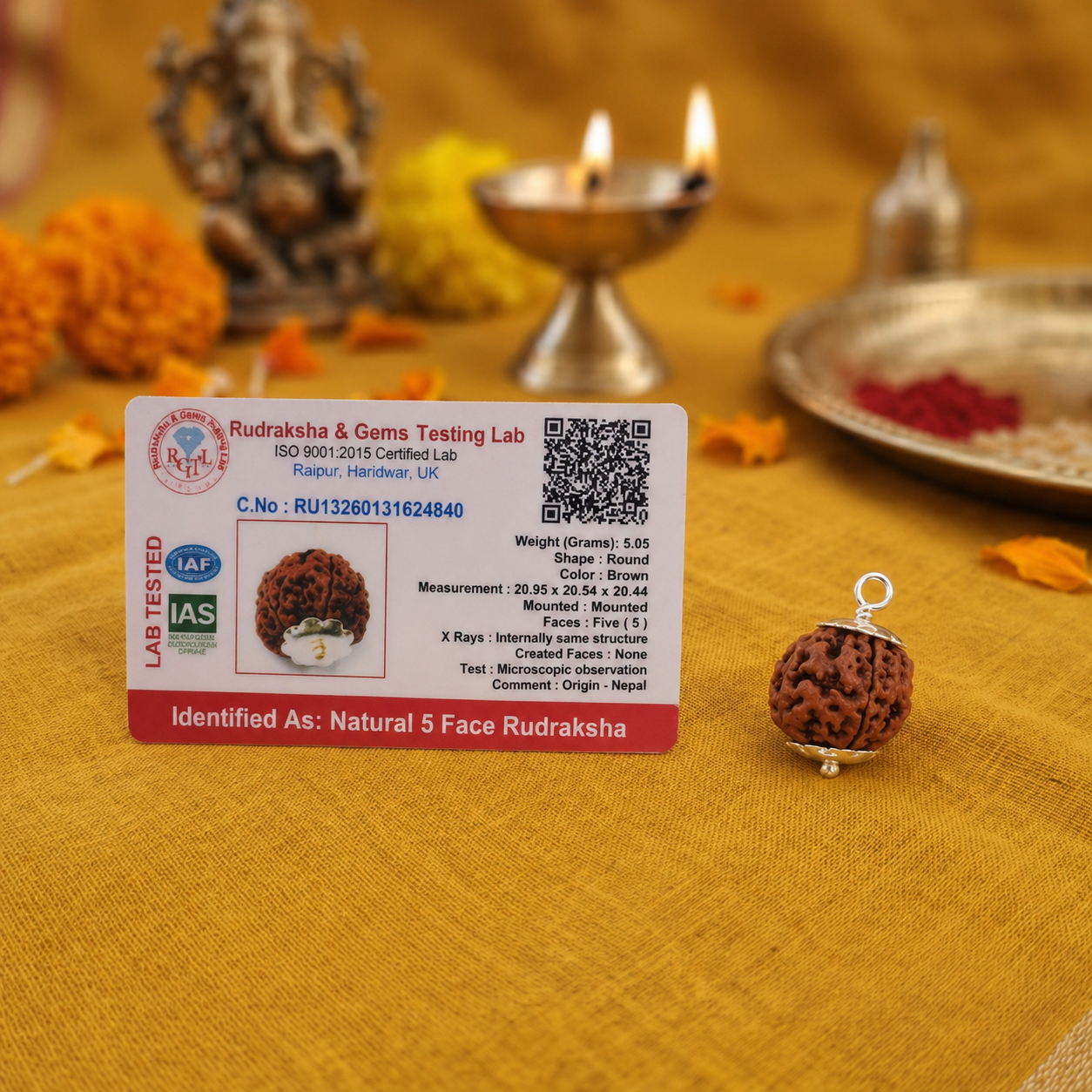 5 Mukhi Rudraksha pendant with certification card on a yellow fabric background