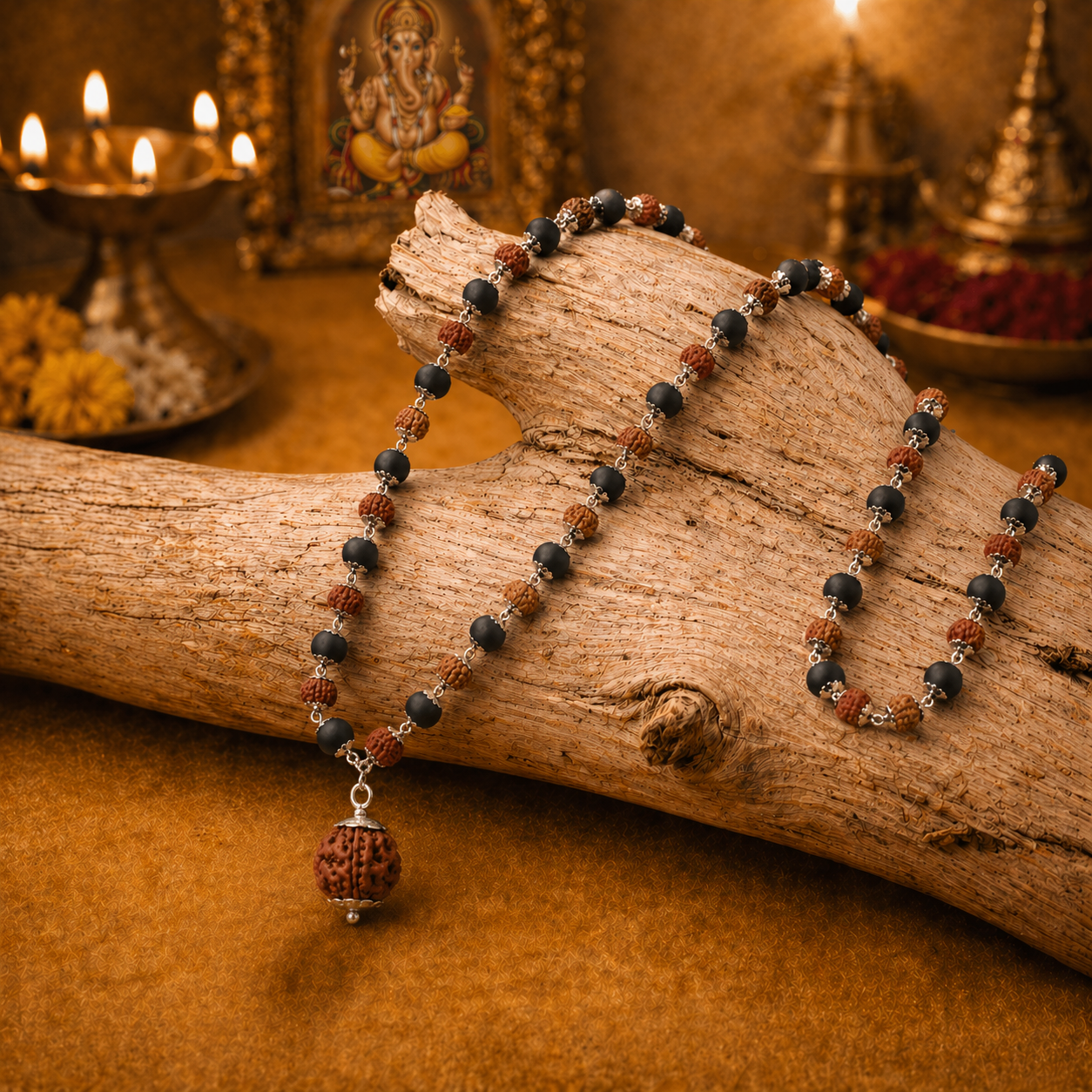 Karungali Rudraksha mala Silver Chain with 7 mukhi pendant on a wooden log with decorative background