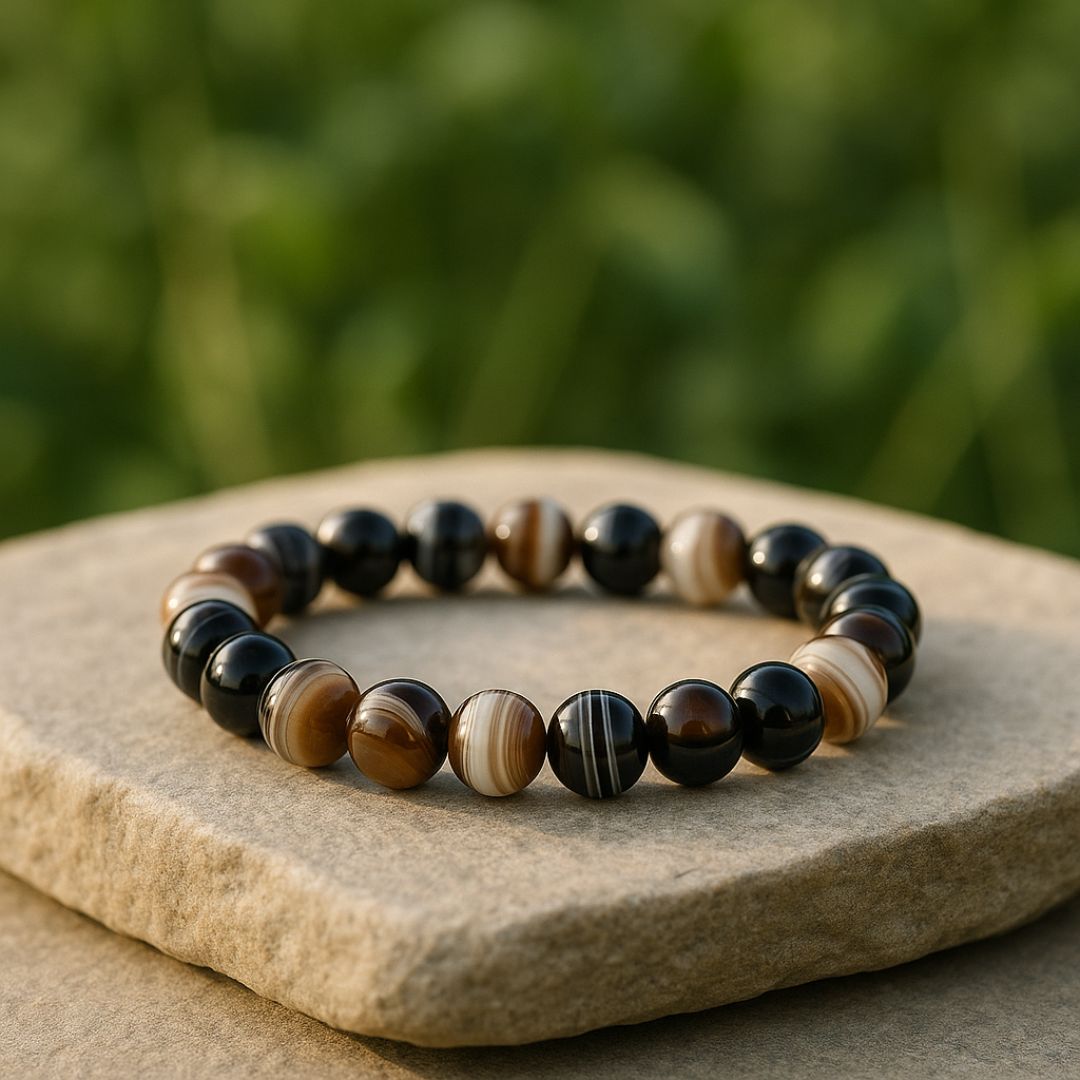 Black Sulemani Hakik bracelet on a stone surface with a blurred green background